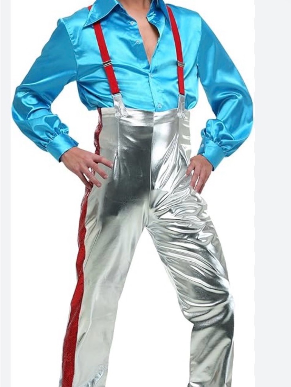 Men's Funky Disco Silver Metallic Dance Pants with Red Stripe and Suspenders